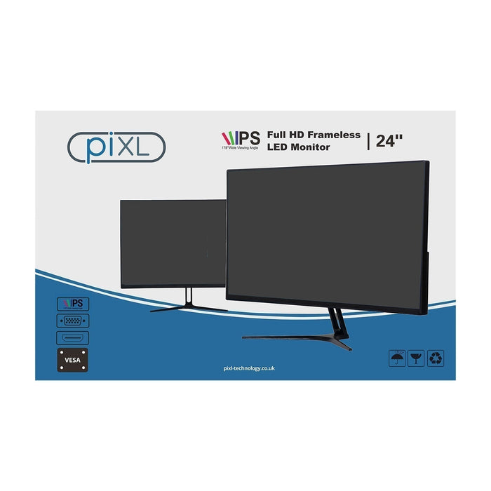 piXL PX24IVHF 24 Inch Frameless Monitor, Widescreen IPS LCD Panel, 5ms Response Time, 75Hz Refresh Rate, Full HD 1920 x 1080, VGA, HDMI, Internal PSU, 16.7 Million Colour Support, Black Finish-Monitors-Gigante Computers