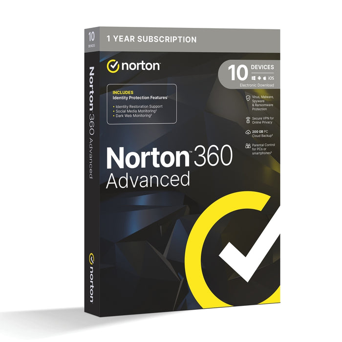 Norton 360 Advanced 1x 10 Device, 1 Year Retail Licence - 200GB Cloud Storage - PC, Mac, iOS & Android