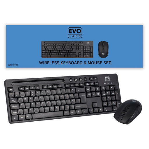 Evo Labs WM-757UK Wireless Keyboard and Mouse Combo Set, 2.4GHz Full Size Qwerty UK Layout Keyboard with Wireless Mouse, Ideal for Home or Office, Black-Gigante Computers