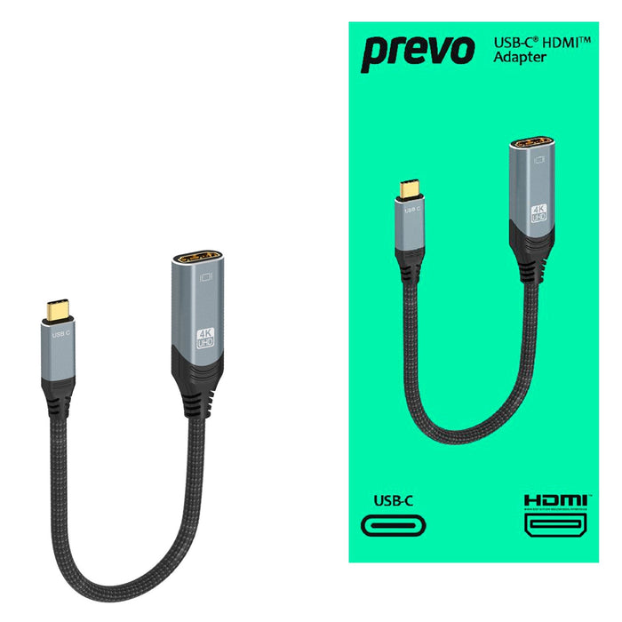 Prevo USBC-HDMI-ADA Display Converter Adapter, USB Type-C (M) to HDMI (F), 0.2m, Black & Silver, HDMI 2.0, Supports up to 4K@60Hz, Braided Cable, Retail Box Packaging-Cables-Gigante Computers