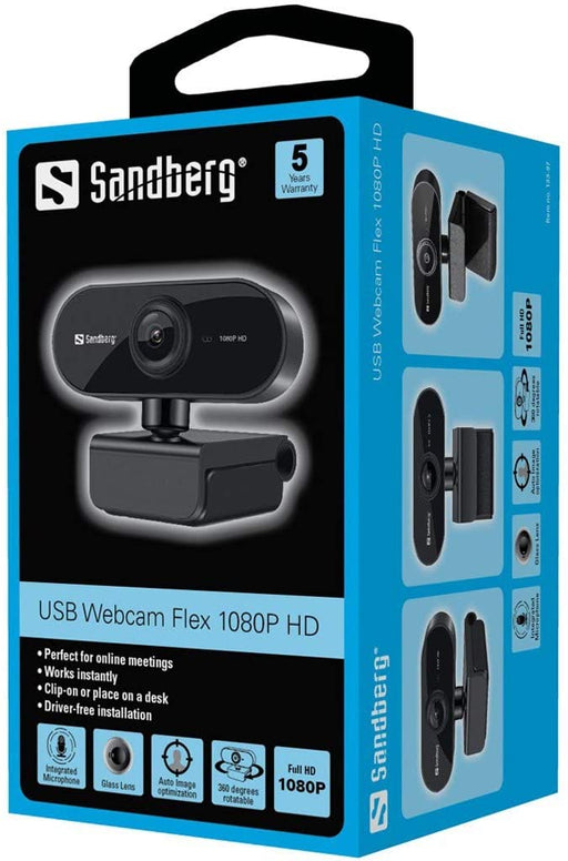 Sandberg USB Flex FHD 2MP Webcam with Mic, 1080p, 30fps, Glass Lens, Auto Adjusting, 360° Rotatable, Clip-on/Desk Mount, 5 Year Warranty-Webcams-Gigante Computers