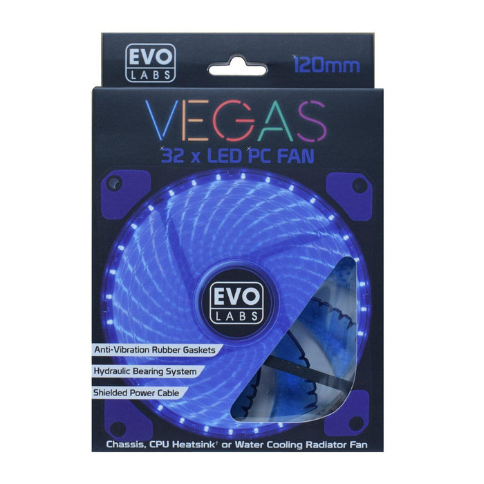 Evo Labs Vegas 12cm 9 Blade 32 x LED Blue Fan 1000rpm with Rubber Grommet-Case Fans-Gigante Computers